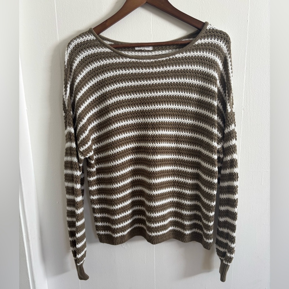 Blu Pepper Olive Green and White Striped Knit Sweater